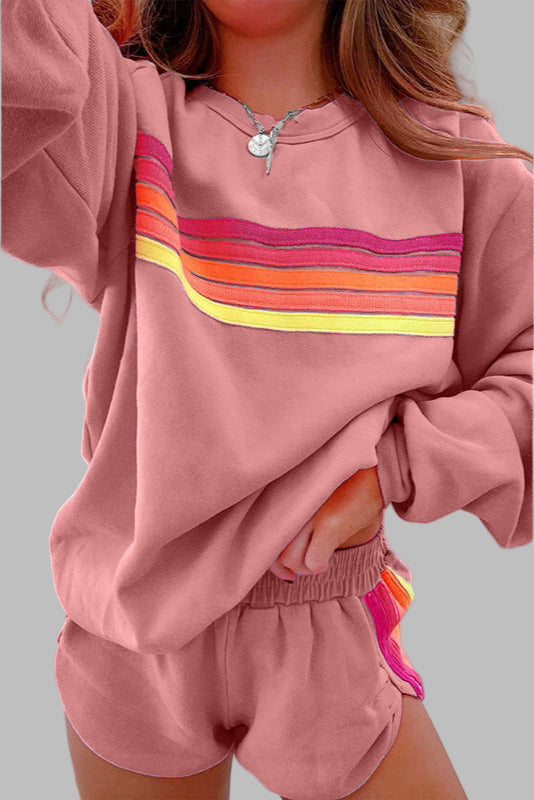 JOVIE | Comfy Striped Crew Neck Top and Shorts Pajama Set