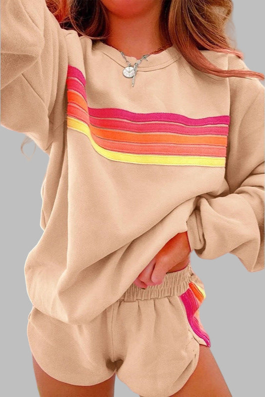 JOVIE | Comfy Striped Crew Neck Top and Shorts Pajama Set