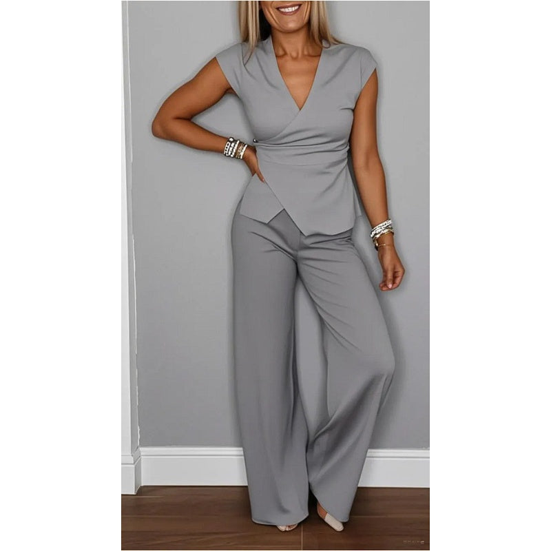 Women's Elegant V-Neck Top and Pants Set