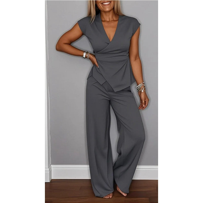 Women's Elegant V-Neck Top and Pants Set